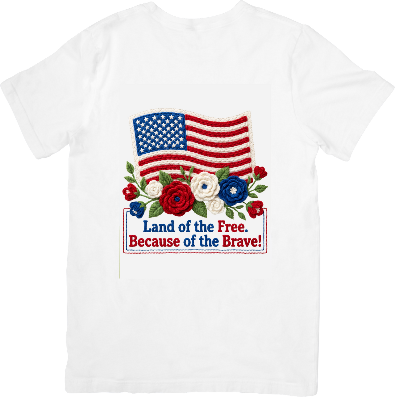 Land Of The Free Embroidered Flag T-Shirt | Patriotic Roses Graphic Tee | USA Gift