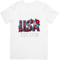 Thumbnail for USA Est 1776 Floral T-Shirt | Patriotic Embroidered Letters Graphic Tee | American Pride Gift
