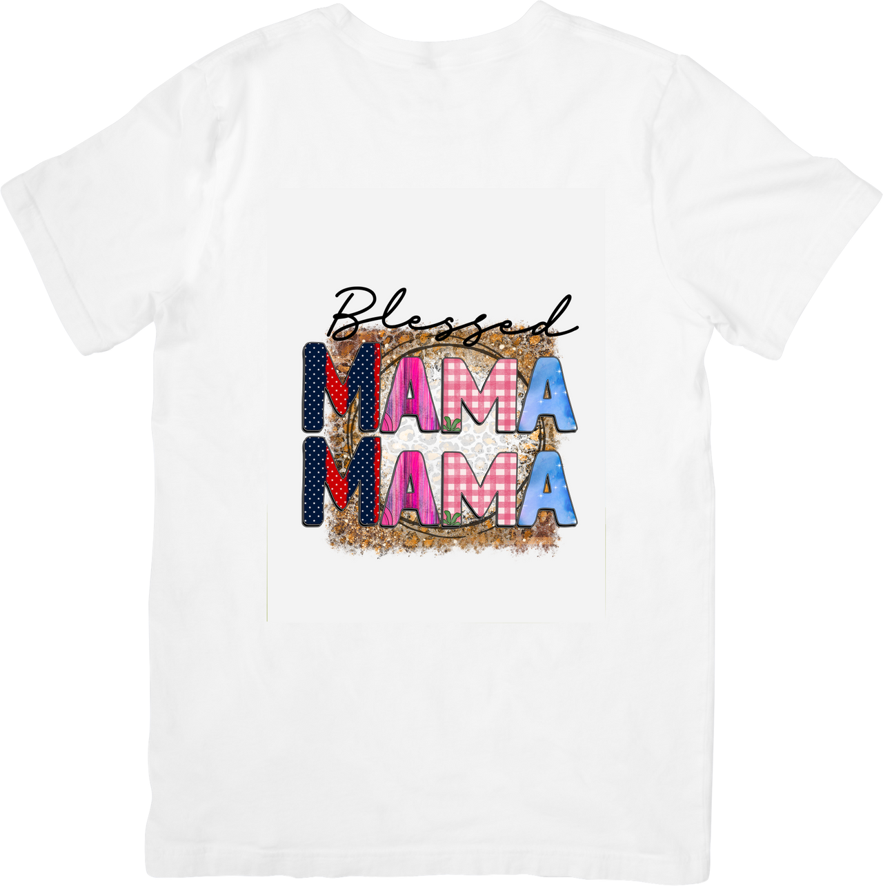 Blessed Mama Patriotic T-Shirt | Cute Patterned Letters Graphic Tee | American Mom Gift